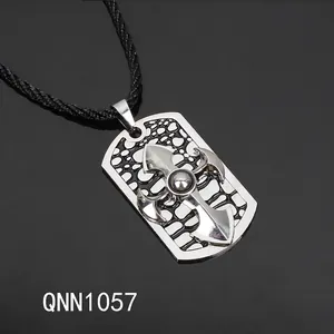 Vintage silver stainless steel cross military dog tag pendant with black braided cord