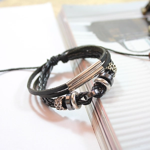 Men's multilayer black braided leather bracelet with silver infinity metal charms
