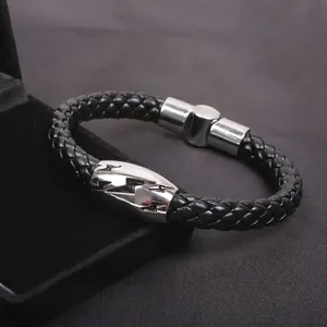 Men's black braided leather bracelet with stainless steel lightning bolt magnetic clasp