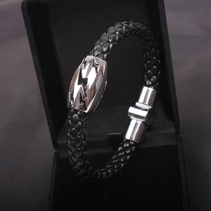 Men's black braided leather bracelet with silver lightning pattern steel buckle and gift box