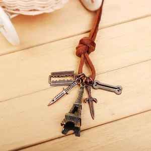 French Romantic Eiffel Tower Multi-Element Vintage Pendant Necklace For Men Brown Leather Rope Antique Bronze Copper Charms