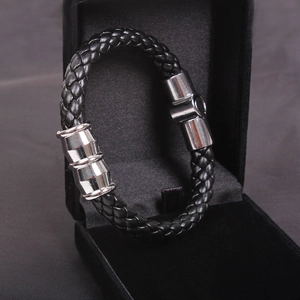 Men's punk snake weave black leather bracelet with a polished silver magnetic clasp