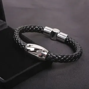 Men's braided black leather bracelet with lightning pattern steel plate and magnetic clasp