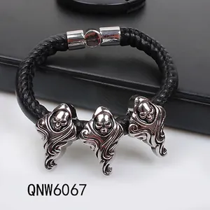 Men's Gothic Punk Skull Braided Genuine Leather Bracelet With Titanium Steel Magnetic Clasp Hip Hop Rock Biker Jewelry