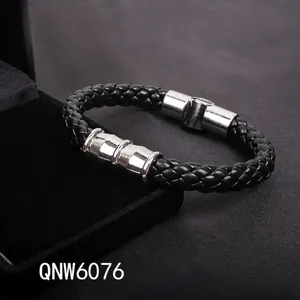 Men's punk style black snake pattern braided leather bracelet with silver metal magnetic clasp