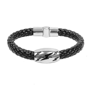 Black braided leather bracelet for men featuring a steel lightning bolt charm and magnetic clasp