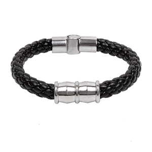 Men's punk snake weave black leather bracelet with magnetic stainless steel clasp