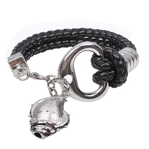 Braided black leather men's bracelet featuring a silver metal conch shell charm