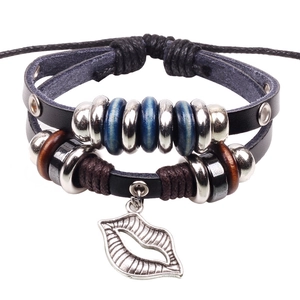Multilayer leather bracelet featuring blue beads and silver metal lip pendant decoration