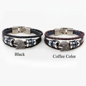 Men's multi-layer leather braided bracelet with eagle head clasp in black and coffee