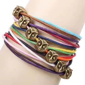 Harajuku owl charm bracelet with colorful braided wax cords and vintage bronze pendants