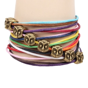 Handmade bohemian multilayer wax cord owl bracelet with colorful braided design