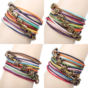 Bohemian Multicolor Wax Rope Braided Bracelet Vintage Alloy Animal Charm Multi Layer Wrap Wristband For Men Women Ethnic Jewelry