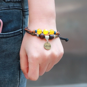 Vintage Bohemian Multilayer Handwoven Leather Bracelet For Women Men Retro Love Letter Alloy Metal Charm Beads Ethnic Jewelry Gift