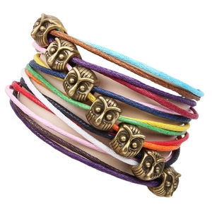 Multicolor braided wax rope bracelet set with vintage bronze owl metal beads