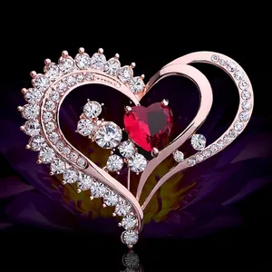 Élégante Broche Cœur en Alliage Avec Strass Rouges Incrustés Double Cœur Broche Romantique Ocean Of Heart Cadeau Femme