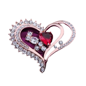 Broche cœur à deux couches avec pierre rouge et cristaux brillants plaqué or rose