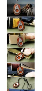 Detail of leather pendant with metal stitching and handcuff ornament with 1314 engraving