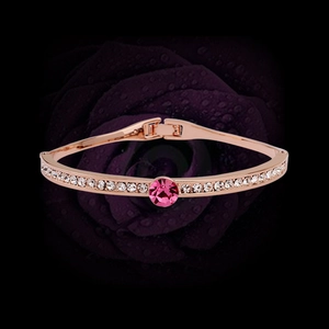 Elegant Rose Gold Plated Alloy Bangle Bracelet Fuchsia Pink Rhinestone Center White Inlaid For Women Fashion Party Jewelry