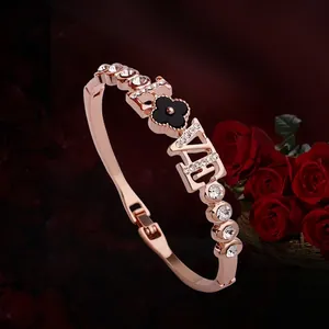 Bracciale Rigido in Lega Oro Rosa con Strass LOVE Trifoglio per Donna Gioielli Eleganti alla Moda Regalo per Matrimonio Festa