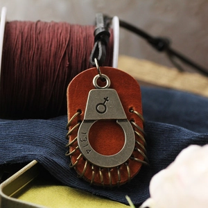 Retro leather necklace with bronze handcuffs pendant engraved with 1314 and symbol