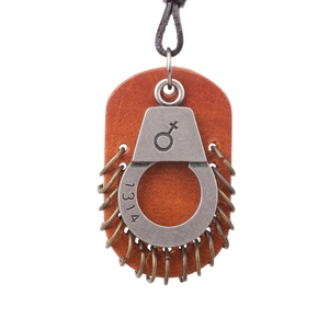 Brown leather handcuff pendant necklace with 1314 engraving and silver metal details