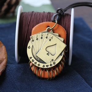 Retro poker royal flush playing cards leather pendant necklace for men with vintage bronze finish