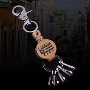 Porte-clés vintage Porto Rico avec lanière en cuir marron et anneaux en métal argenté