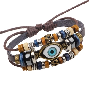 Bracelet Perlé en Cuir de Vachette Multicouche Vintage pour Hommes Fait à la Main Ethnique Mauvais Œil Feuille Bijoux