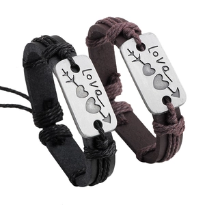 Genuine leather braided couple bracelets with silver engraved Love and Cupid arrow plates