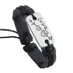 Punk style genuine leather bracelet with love heart arrow engraved metal plate