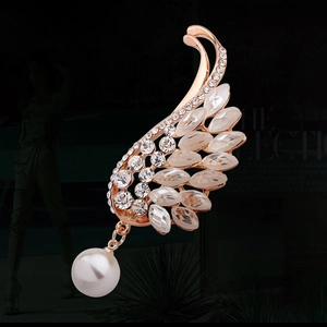 Elegante Spilla Ali D'Angelo Oro Rosa Con Strass Cristallo Pendente Di Perla Artificial Piuma Corsage Per Matrimonio Festa Donna Gioielli