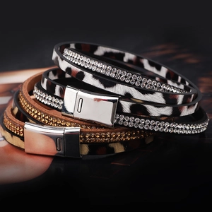 Leopard print wrap bracelet with sparkling rhinestones and a polished magnetic clasp