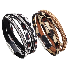 Leopard print and rhinestone multilayer wrap bracelet with magnetic clasp closure