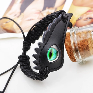 Bracelet tressé en cuir de vachette avec œil de dragon vert et cordon de serrage réglable