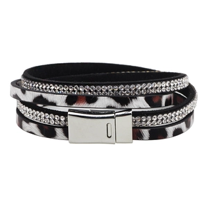Leopard print leather wrap bracelet with sparkling rhinestones and magnetic silver clasp