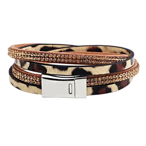 Leopard print wrap bracelet with sparkling rhinestone double bands and magnetic clasp