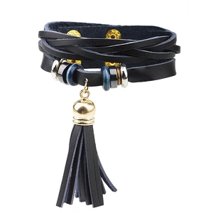 Vintage multilayer black leather wrap bracelet with tassel pendant and metallic beads
