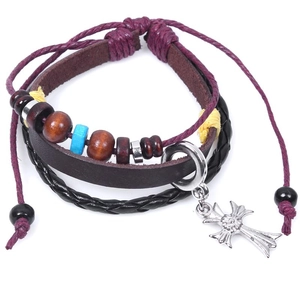 Bohemian multilayer leather bracelet with silver cross charm and adjustable purple cord