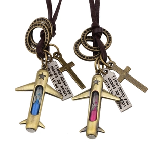 Vintage Bronze Airplane Hourglass Pendant Necklace Genuine Leather Multi-Element Cross Heart Sweater Chain Jewelry For Women