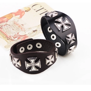 Men Retro Punk Wide Leather Bracelet Electroplated Alloy Iron Cross Charm Gothic Rock Biker Adjustable Wrap Bracelet Jewelry