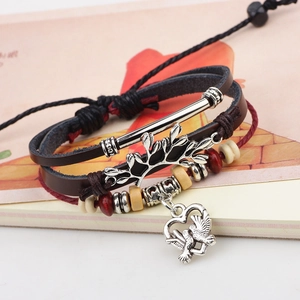 Vintage multilayer leather bracelet with tree of life and peace dove charms for women