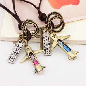 Retro bronze airplane hourglass necklace with cross and engraved metal plate on wax cord