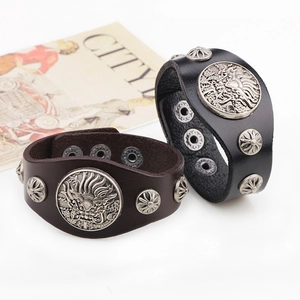 Vintage Chinese Dragon Alloy Rivet Wide Cuff Bracelet For Men Punk Rock Antique Silver Zodiac Animal Jewelry Gift