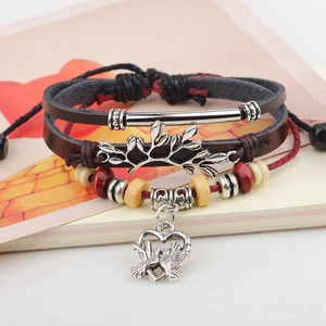 Retro multilayer braided leather bracelet with heart charms and olive branch pendants