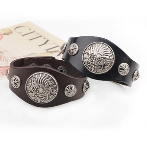 Vintage rock leather bracelets with silver dragon relief and metallic studs in black and brown