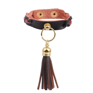 Punk style dual-tone leather choker with golden metal ring and long tassel charms