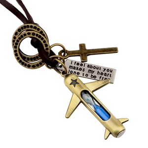 Vintage bronze airplane necklace with blue sand hourglass and leather cord pendant