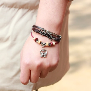 Retro multilayer braided leather bracelet with silver tree of life and bird heart charms