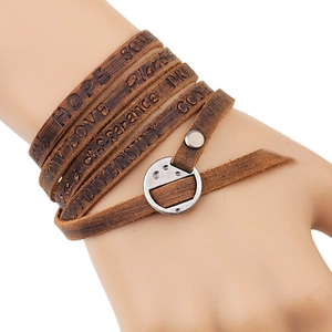 Bracelet Enroulé Multi-couches en Cuir de Vachette Véritable Vintage Pour Hommes Femmes Lettres Embossées Boucle en Alliage